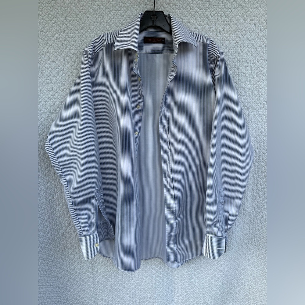 Etro Milano Mens Size 39 Button Front Blue/White/ Black Striped Stretch Shirt